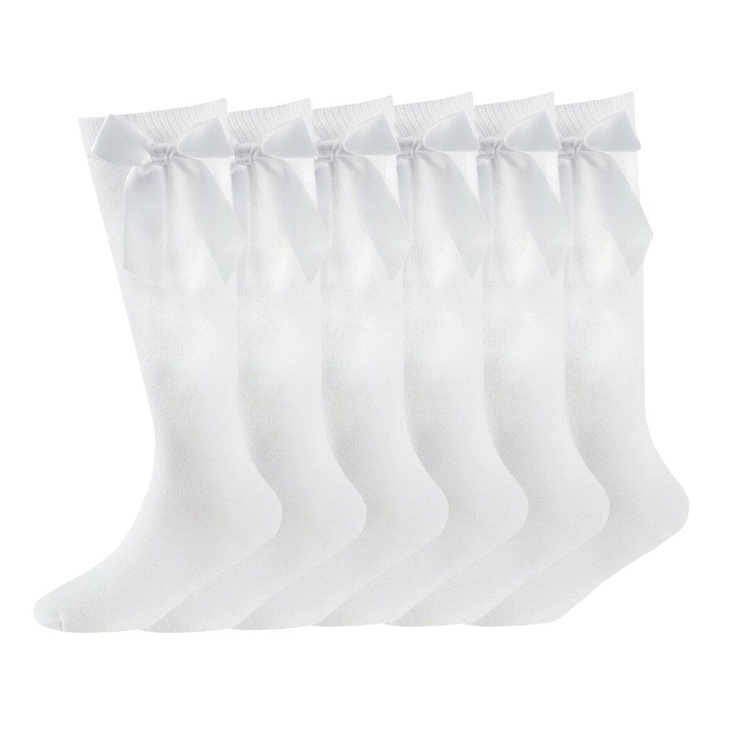 6 pairs Girls Knee High School Socks Cotton Rich Socks with Ribbons Silky Bow, Back to School Uniform Socks, Party Wear, Long Socks for School with Bow, Knee High Girls School Plain Socks UK LOCAL BASED DELIVERY
