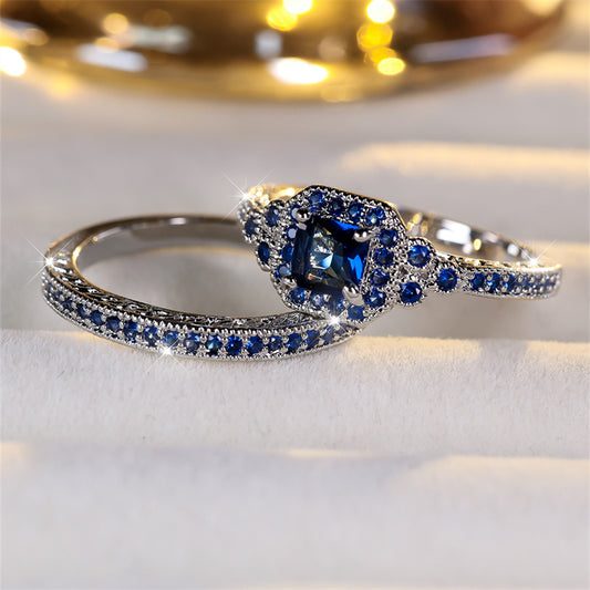 Set of 2, Elegant Blue Synthetic Zirconia White K Plated Stackable Rings, Ideal for Luxury Events, Parties, Festivals, And Everyday Use, Perfect for Any Season
