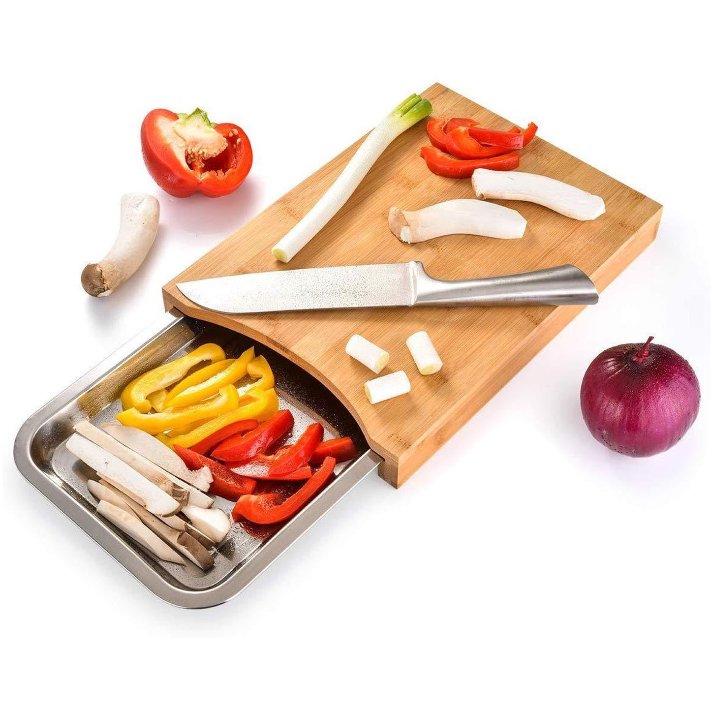 Taylor & Brown Bamboo Organic Wooden Chopping Board Cutting Slicing with Sliding Stainless Steel Tray for Food Prep, Meat, Vegetables & Bread, 35cm x 24cm x 4cm