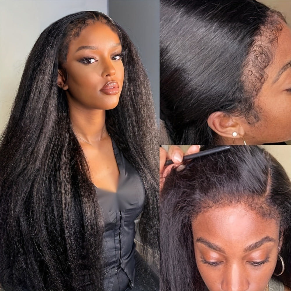 13x4 Lace Front Wig Human Hair – Yaki Straight 4C Kinky Edges, Transparent Lace, Pre-Cut Natural Hairline with Curly Baby Hair, Wigs for Black Women (50.8cm–60.96cm)