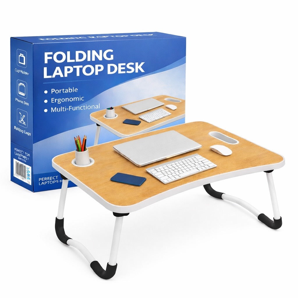 Foldable Laptop Bed Table with Cup Holder & Phone Slot - Portable Non-Slip Lap Desk for Bed Sofa & Home Office Lightweight Breakfast Tray