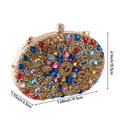 Women Evening Bag Multicolor Clutch Bag Luxury Crystal Handbag Bridal Wedding Purse Glitter Shoulder Bag with Detachable Chain Banquet Party Prom Crossbody Bag Gold-Multicolour, Green/ Gold/ Silver
