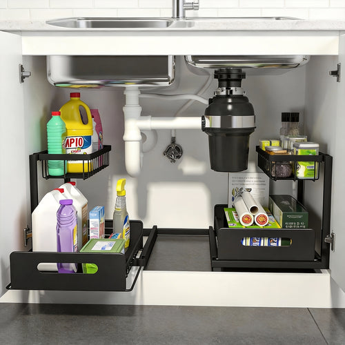 2pcs/1pc Metal Storage Rack, Practical Storage Rack for Sink, Kitchen, Office, Double-Layer Pull-Out Design, Kitchen And Home Storage, Storage Basket