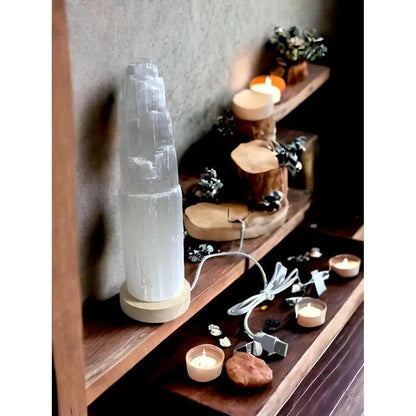 Selenite Crystal USB LED Lamp with Wooden Base Handmade White Crystal Tower white Light lamp for Home Decoration, Meditation, Yoga & Gifting