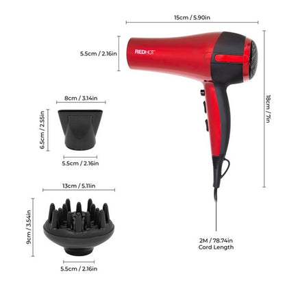 Red Hot 37010 2200W Professional Hair Dryer with Diffuser & Concentrator Nozzles/Dual Styling Options / 3 Heat Settings, 2 Speed Settings & Cool Air Mode/Salon Quality/Red Coloured