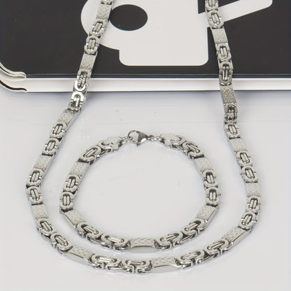 6mm Wide Stainless Steel Flat Emperor Cuban Chain Men's Hip Hop Stainless Steel Color Necklace + Bracelet European and American Jewelry