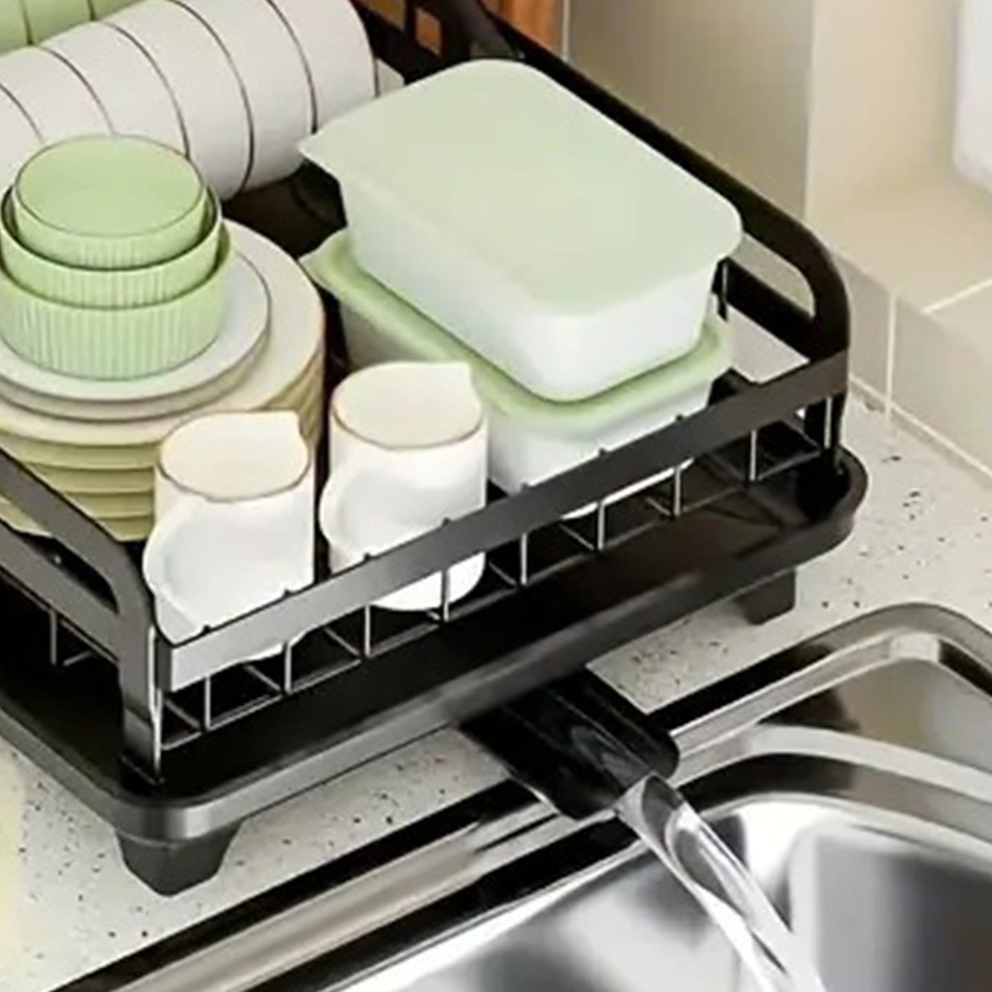 Dish Drying Rack, 2 Tier Foldable Stainless Steel Large Dish Drainer Rack with Drip Tray, Adjustable Utensil & Chopping Board Holder, Space- Saving Rustproof Non- Slip Kitchen Dish Dryer for Sink, Black