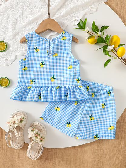 2pcs Set. Girls' Vest And Shorts Outfit, Lemon Print, Contrast Plaid Pattern, Bow Detail, Ruffled Hem. Summer Casual Outfit for Girls. Ideal Gift for 1-8 Year Olds. Suitable for Outdoor Wear