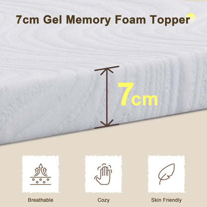 Memory Foam Mattress Topper with Cover, 7cm Thin, Comfort for Single & Small Double & Double & King Size Beds