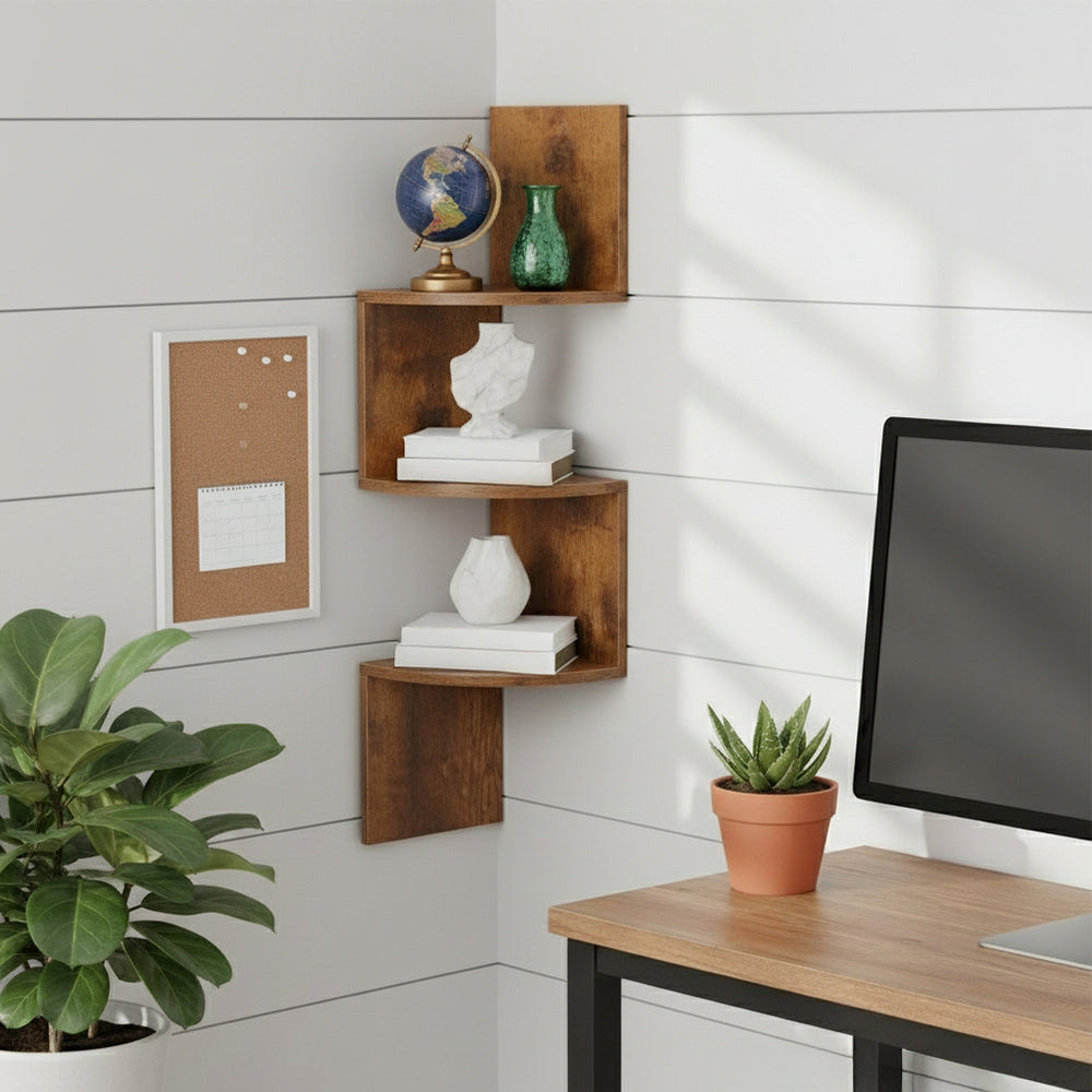Three-Tier Rustic Corner Wall Shelf with Curved Platforms - product detail 7