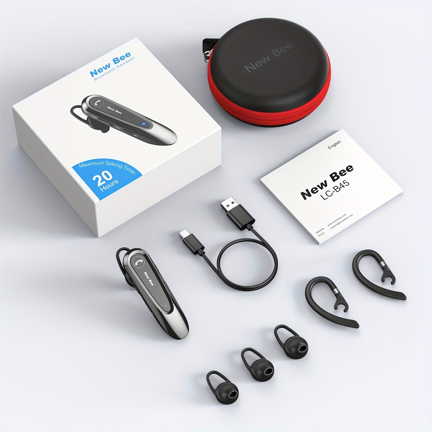 New Bee Single-ear Wireless Earphones, B45 Wireless In-ear Earphones, Hands-free with Dual Microphones V5.0, Audio Wireless Earphones with 20 Hours Of Silent Microphone Connection to Two Devices: iPhone, Android, And Laptop. Ideal Gift for Friends
