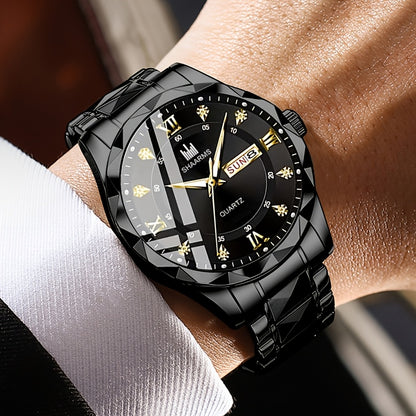 1 New Stainless Steel Band Men'S Quartz Watch Roman Numeral Dial Inlaid with Rhinestones Date Calendar Trendy Fashion Easy Brand Luxury Luminous Sports Leisure Life Travel Business Multi-Function Watch Birthday Gift Holiday Gift Gift Ideal Choice