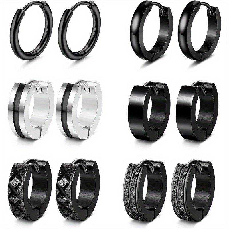 6 Pairs Men Earrings Hoops Huggie Earrings Set 316L Stainless Steel Earrings Classic Small Hoop Earrings Helix Earrings Piercing Jewellery Sleeper Earrings Black Hoop Earrings for Men Women