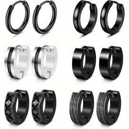 6 Pairs Men Earrings Hoops Huggie Earrings Set 316L Stainless Steel Earrings Classic Small Hoop Earrings Helix Earrings Piercing Jewellery Sleeper Earrings Black Hoop Earrings for Men Women