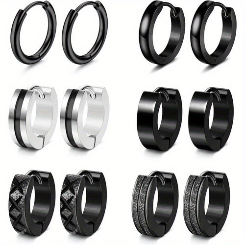 6 Pairs Men Earrings Hoops Huggie Earrings Set 316L Stainless Steel Earrings Classic Small Hoop Earrings Helix Earrings Piercing Jewellery Sleeper Earrings Black Hoop Earrings for Men Women