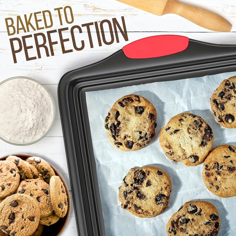 3pcs Heavy-Duty Carbon Steel Non Stick Baking Tray Set - Commercial Grade Oven Biscuit Baking Tray with Red Silicone Texture Anti Slip Layer, No Sharp Edges, Suitable for Home And Professional Kitchens, Ovens, Grills, Compatible with Various Baking Scenar