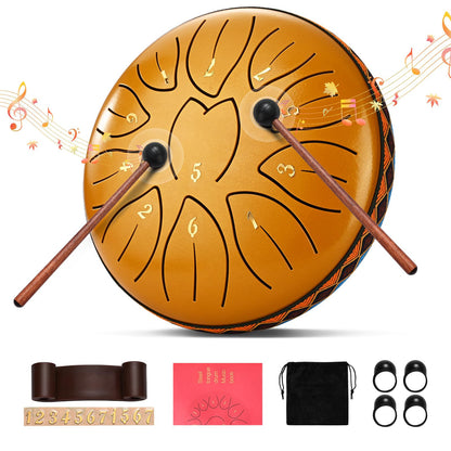 Steel Tongue Drum, 6 Inch 11 Notes, C Key & Rust-Proof Tongue Drum Percussion, Leaf Pattern Handpan Outside with Bag and Percussion Instruments for Meditation, Music Therapy