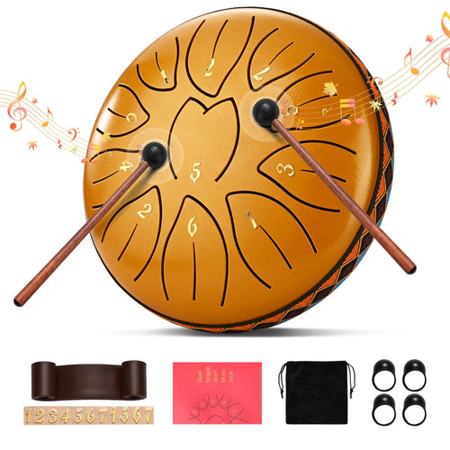 Steel Tongue Drum, 6 Inch 11 Notes, C Key & Rust-Proof Tongue Drum Percussion, Leaf Pattern Handpan Outside with Bag and Percussion Instruments for Meditation, Music Therapy