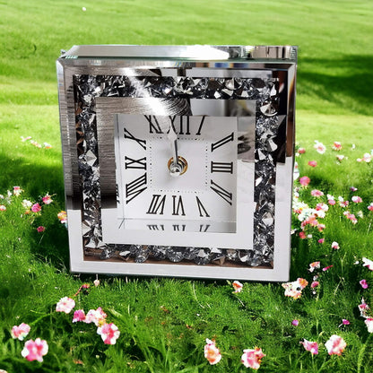 SERENA'S®Square Loose Diamante Mantle Clock Desk Clock Elegant Luxury Diamond Crystal Mirror Crushed Jewel Roman Table Clock Silent For Home Office Living Room Bedroom Decoration-15X15cm silver
