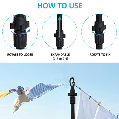 Telescopic Washing Line Prop Pole Clothesline Heavy Duty Garden Dry Clothes Drying Airer Support Clothes Line Pole Galvanised Laundry Outdoor Washing Line Poles Extendable 1.2 to 2.4M, Clotheslines