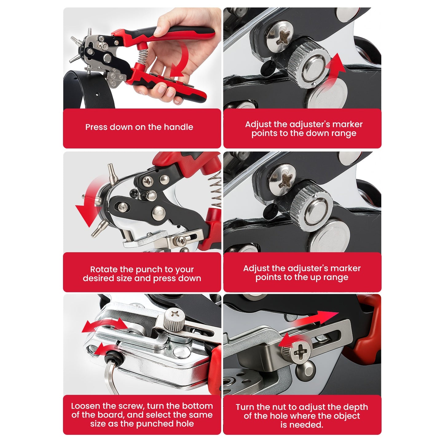 Leather Hole Punch Heavy Duty Rotary Belt Puncher with 6 Size and Ergonomic Non-Slip Handle for DIY, Craft Projects