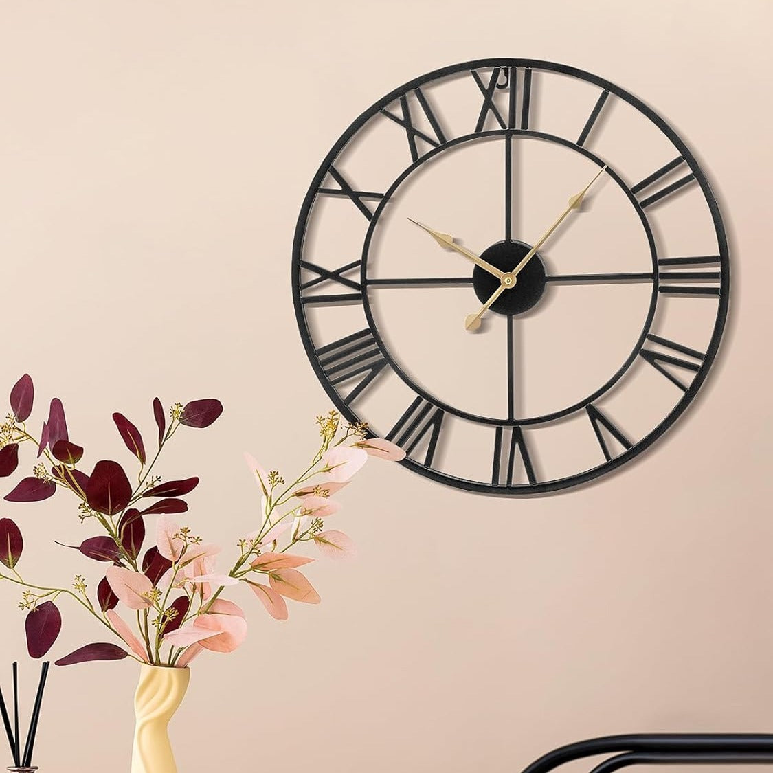 Large Wall Clock Metal Vintage Large Black Wall Clock Round Silent Skeleton Roman Numerals Hanging Clock Battery Wall Clock for Living Room Bedroom Kitchen Hotel Office Black