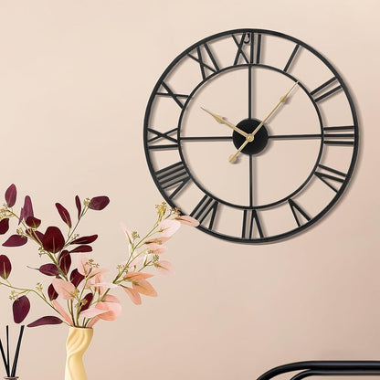 Large Wall Clock Metal Vintage Large Black Wall Clock Round Silent Skeleton Roman Numerals Hanging Clock Battery Wall Clock for Living Room Bedroom Kitchen Hotel Office Black