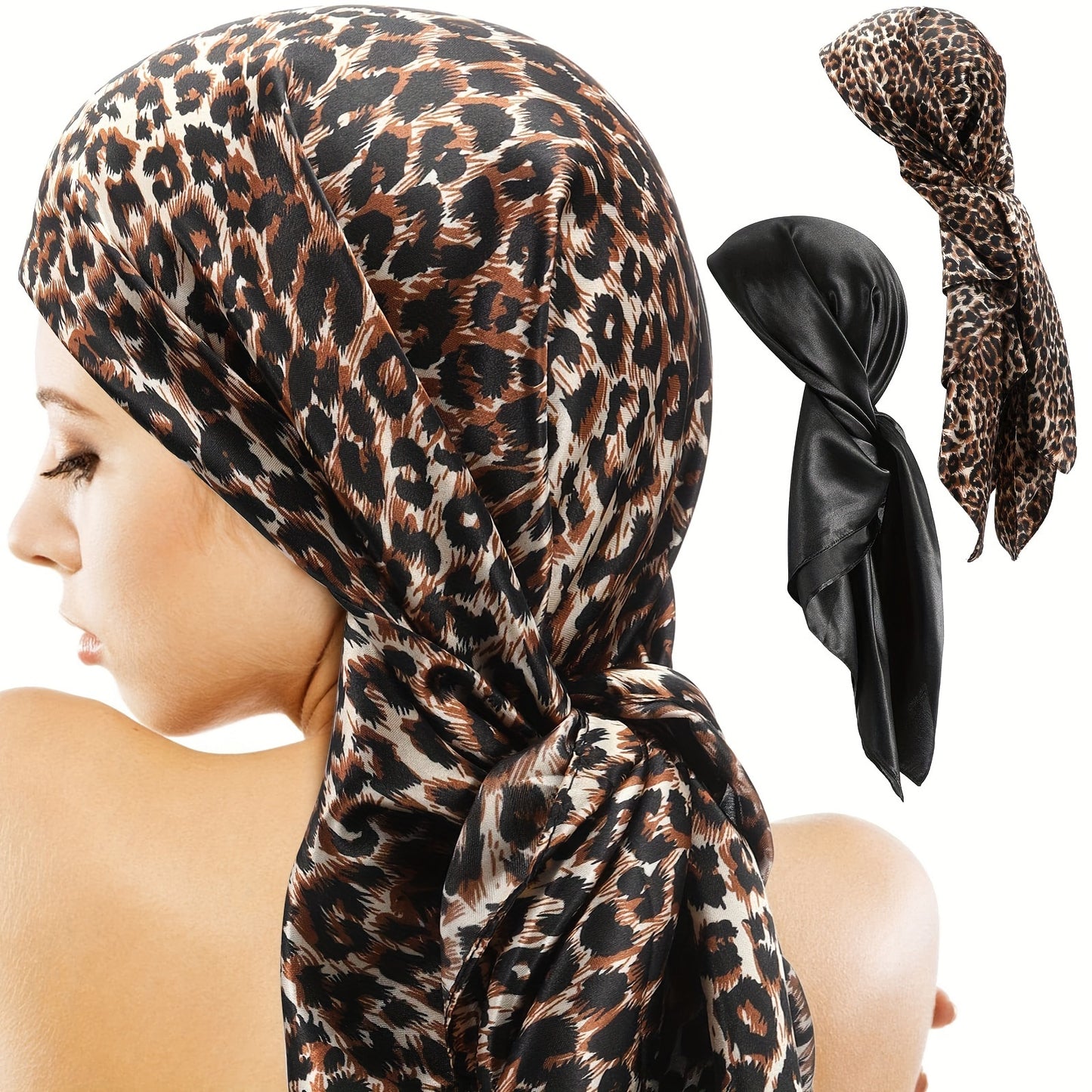 2 PCs 90.17cm Thin Square Scarves Satin Smooth Print Bananas Casual Hair Wraps for Sleeping At Night