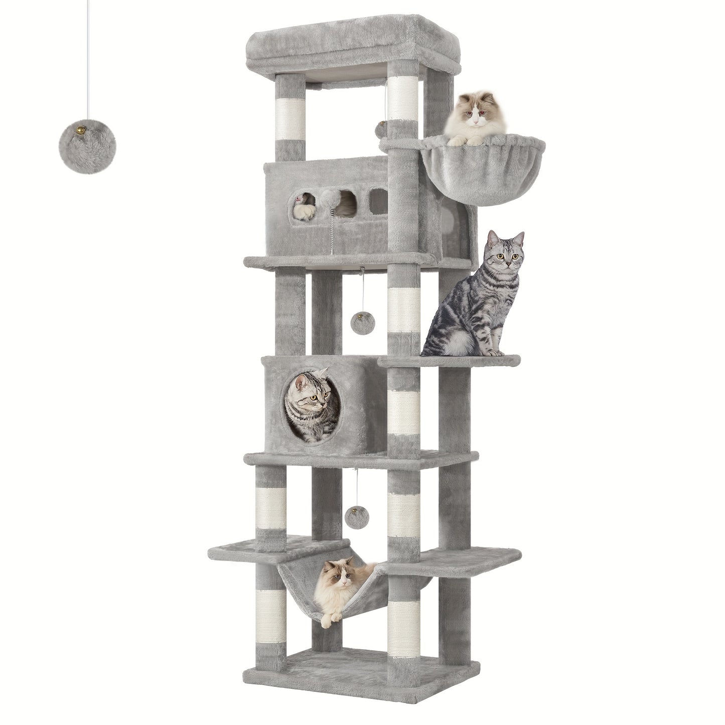 Cat Tree for Indoor Cats, 170cm Large Tall Cat Tower, Multi-Level Cats House with Condo, 8 Scratching Posts, Hammock, 4 Pom Poms