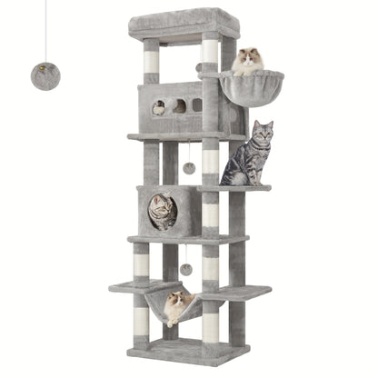 Cat Tree for Indoor Cats, 170cm Large Tall Cat Tower, Multi-Level Cats House with Condo, 8 Scratching Posts, Hammock, 4 Pom Poms