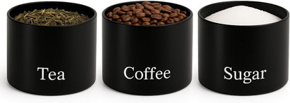 Trendi Set of 3 Tea, Coffee & Sugar Stackable Airtight Canisters- Black Storage Jars with Bamboo Lids – Easy to Open, Labelled Containers for Organized Kitchen Storage