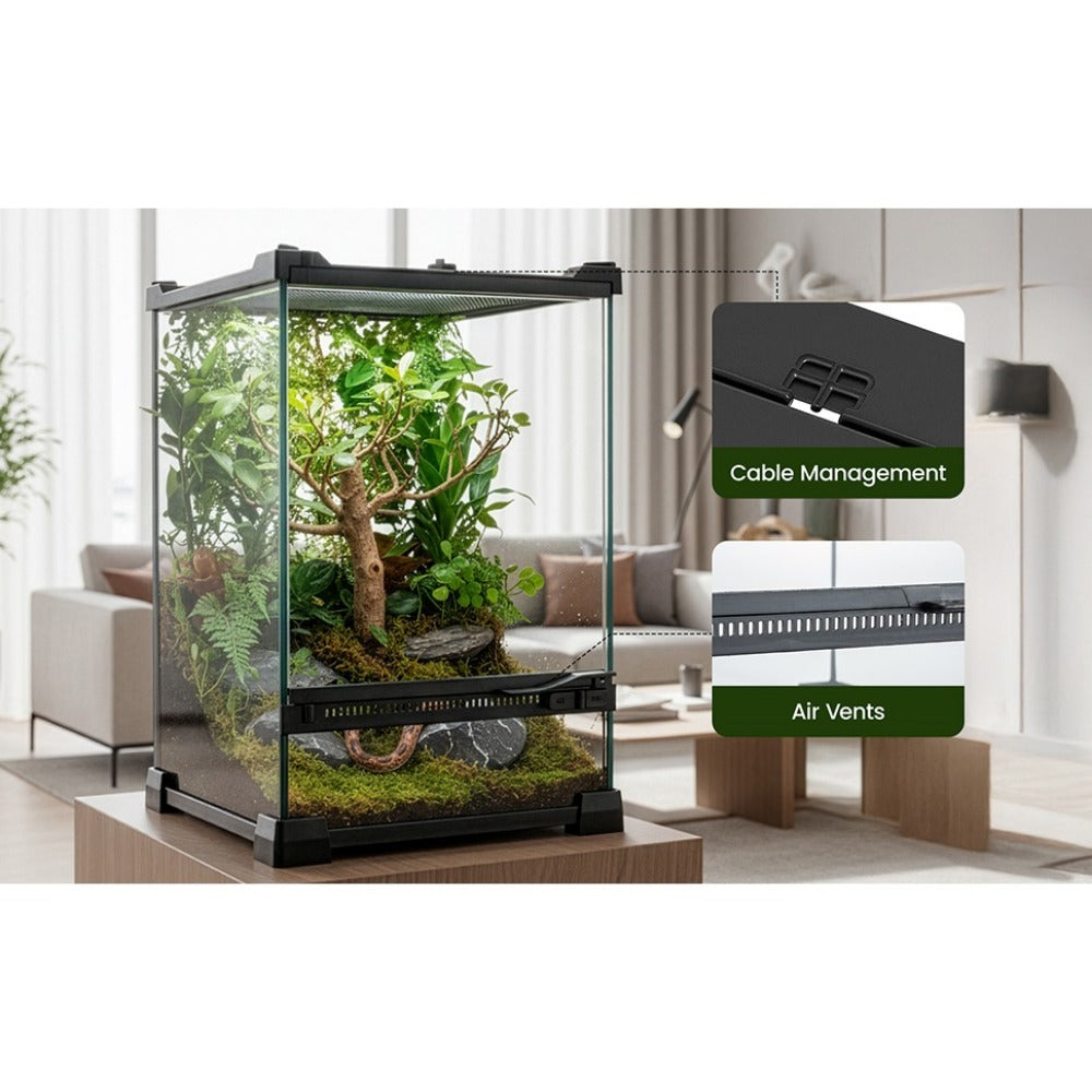 Glass Reptile Terrarium Vivarium Tank – Ventilated Habitat for Lizards, Frogs, Snakes & Spiders, Horizontal & Vertical, Leakproof Base