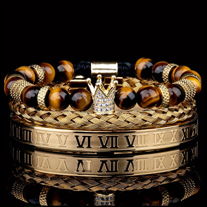 Men's Adjustable Bracelet - Casual Style, Stainless Steel with Gun Black Plating & Synthetic Zirconia - All Season Wear | Roman Crown Charm Design | Ideal for Daily Wear & Gifting