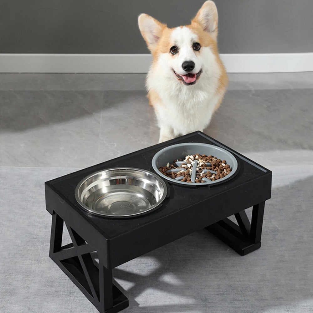 Raised Dog Bowl Height-Adjustable, Elevated Dog bowls with Stainless Steel Bowl and PP bowl, for Small Medium & Large Dogs, Black, 45*26*27.5cm