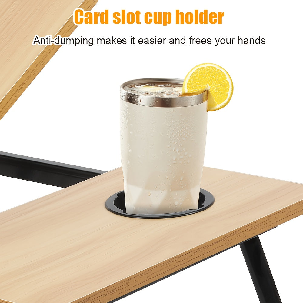 Folding Laptop Desk with Cup Holder - 5-Level Adjustable Tilt, Laptop Bed Table, Adjustable Laptop Stand, Portable And Sturdy Wooden Frame, Ideal for Reading, Studying And Serving Breakfast in Bed