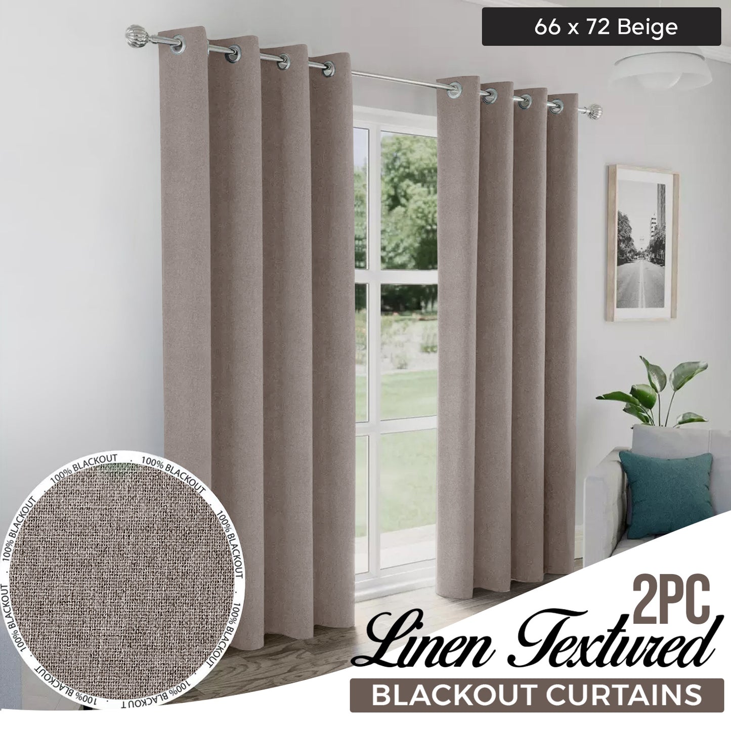 2pcs Linen Textured Blackout Curtains – Linen-Look Coated Thick Fabric Grommet Top Drapes for Bedroom & Living Room, Noise Reducing Energy Saving Window Panels for Home Decor 135GSM