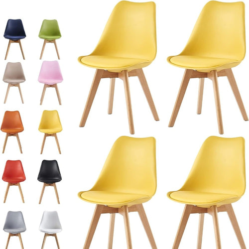 Set of 4 Dining Chairs with Wooden Legs & Cushion Pad - Retro Mid-Century Faux Leather Seat, 120kg Capacity, 7 Colours, UK Stock