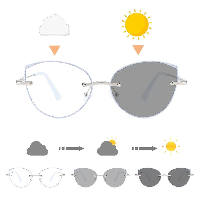 Fashion Cat Eye Frameless Light Sensitive Color Changing Women'S Model with Embedded Sequins Metal Frame Cat Eye Blue Light Transparent Lens Glasses