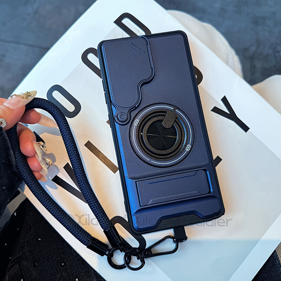 Phone Case: for Samsung Galaxy S26 Ultra S25 S24 S23 Phone Case with 360 Rotating Ring Lanyard Bar Stand Sliding Lens Protection Multifunctional Car Mount Compatible