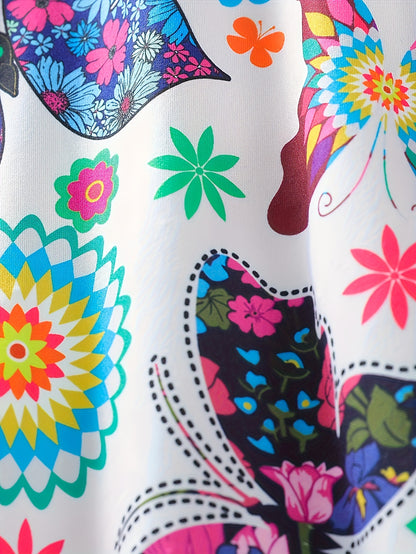 Girls' Summer Vibrant Cute Butterfly Flower Print Round Neck Sleeveless Dress for Vacation, Picnic, Casual Attire