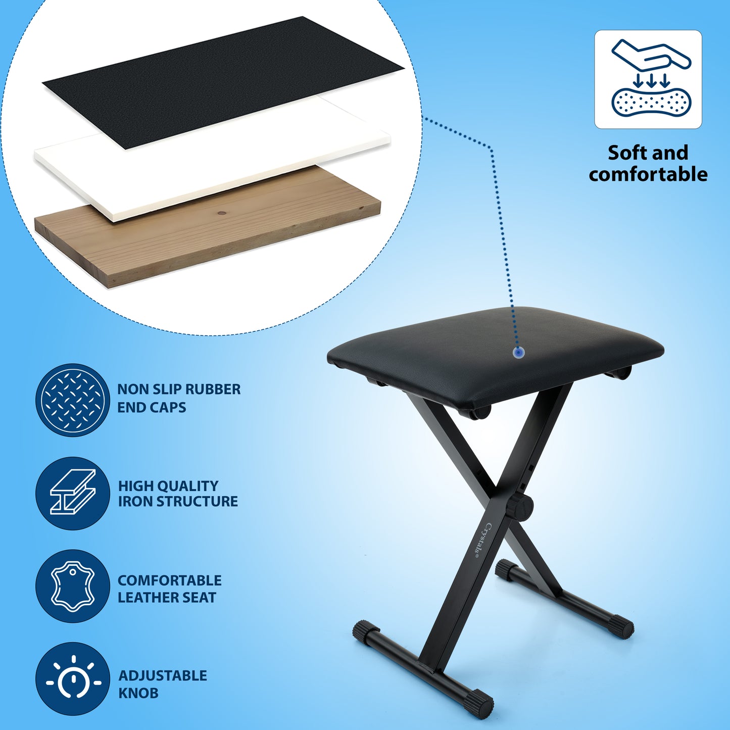Folding Black Music Piano Stool Fully Adjustable Height Pro X Frame Keyboard Bench Seat - Non Slip Feet