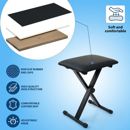 Folding Black Music Piano Stool Fully Adjustable Height Pro X Frame Keyboard Bench Seat - Non Slip Feet