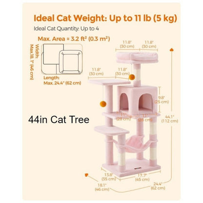 112cm Cat Tree Multi-Level Plush Tower Condo with 4 Scratching Posts, Hammock, Cave & Platforms – Stair-Step Design with Hanging Toys | Easy Assembly Indoor Cat Furniture | Pink White Beige Grey | UK