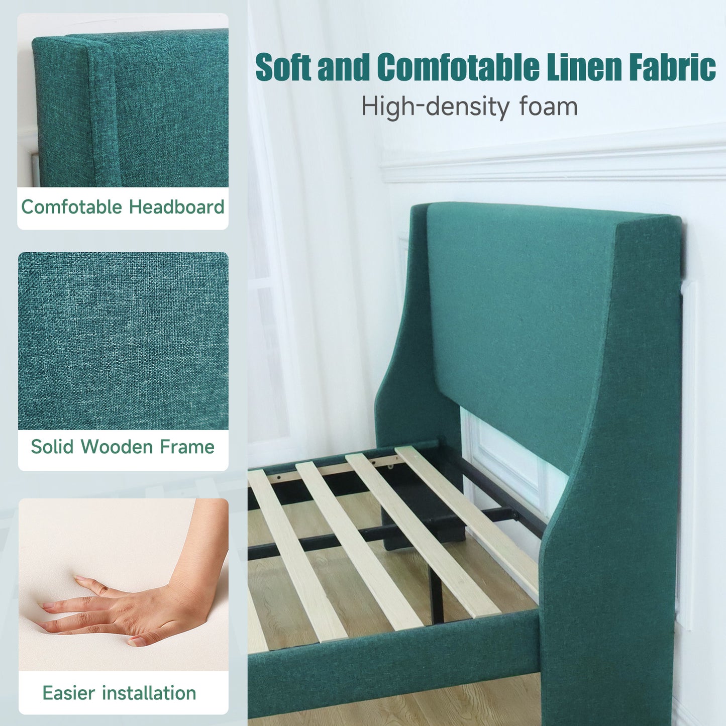 Upholstered Bed Frame, Soft Linen/Velvet Gray/Green, Double Sizes 4FT6, Modern Platform Bed Frame with Winged Headboard, Sturdy Wood Slat Support, No Box Spring Needed, Mattress Foundation