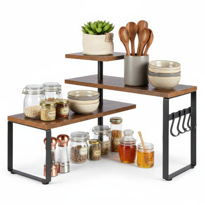 3-Tier Adjustable Countertop Organizer Spice Rack, Corner Shelf with 4 Hooks, Rustic Kitchen Counter Organizer for Coffee Bar, Bathroom, Cabinet, Desk