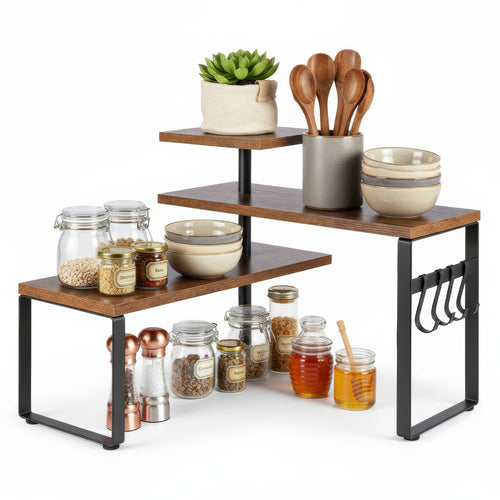 3-Tier Adjustable Countertop Organizer Spice Rack, Corner Shelf with 4 Hooks, Rustic Kitchen Counter Organizer for Coffee Bar, Bathroom, Cabinet, Desk