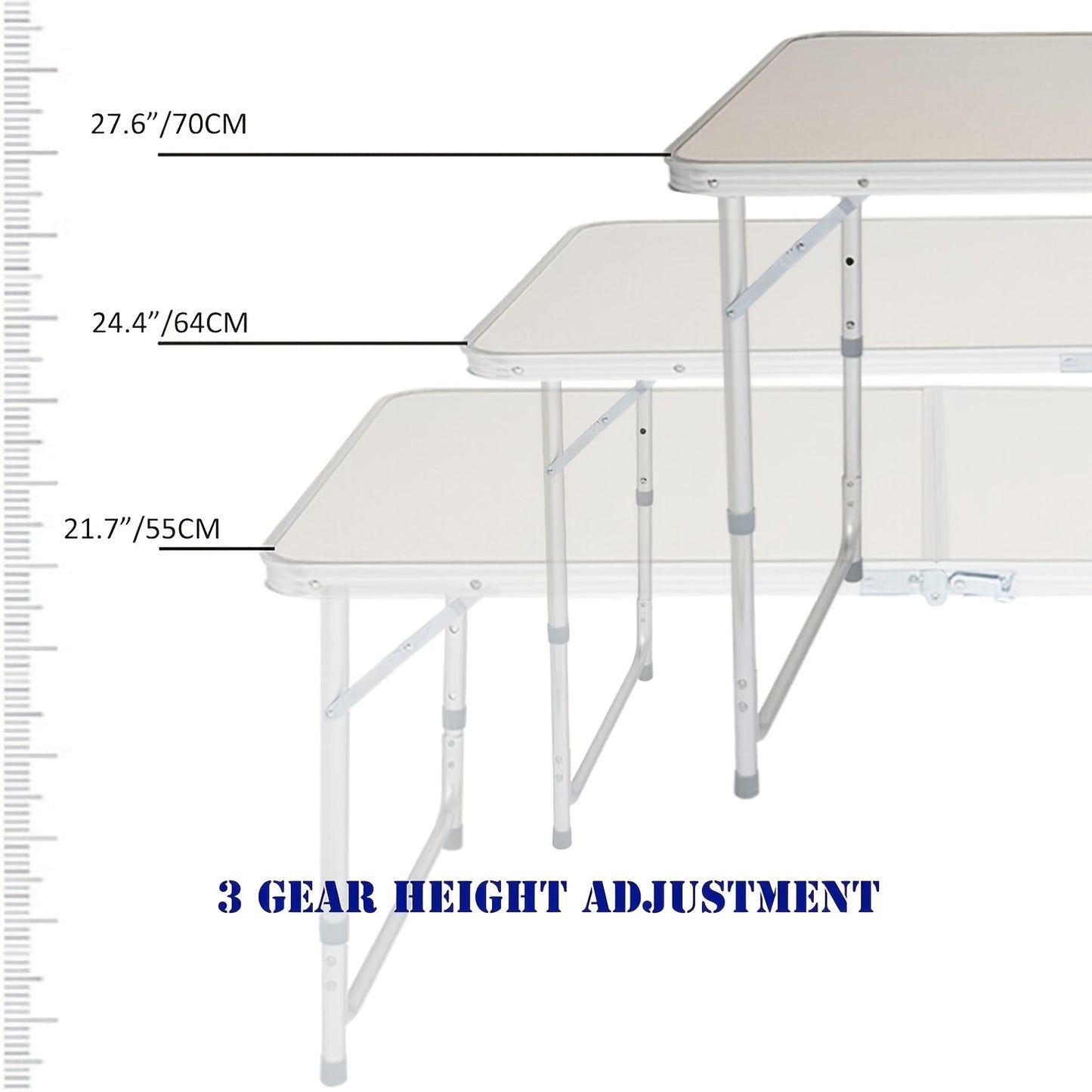 Folding Picnic Table Aluminum Camping Table Lightweight 3 Gear Adjustable Height Portable Folding Table with Carry Handle Adjustable Garden Outdoor Picnic Table Kitchen Work Top Table, White, 120x60x70/62/55cm