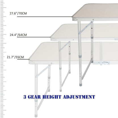 Folding Picnic Table Aluminum Camping Table Lightweight 3 Gear Adjustable Height Portable Folding Table with Carry Handle Adjustable Garden Outdoor Picnic Table Kitchen Work Top Table, White, 120x60x70/62/55cm