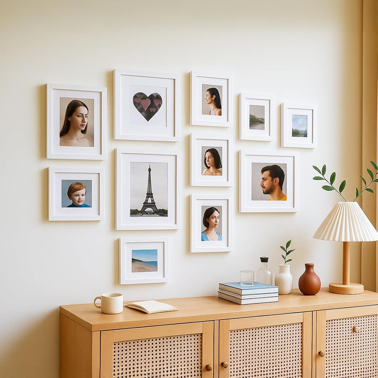 19 Pcs Wooden Photo Frame Set, Multi Size Picture Frames with Stand & Wall Hooks, Tabletop or Wall Mounted Display