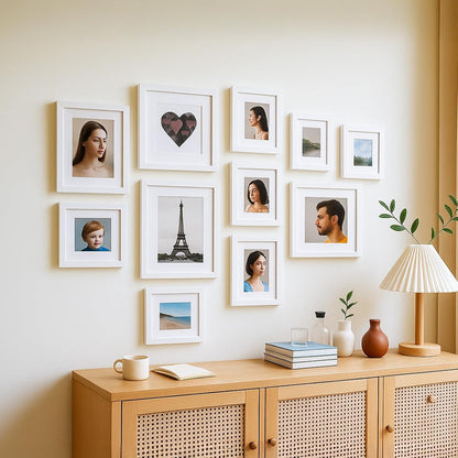 19 Pcs Wooden Photo Frame Set, Multi Size Picture Frames with Stand & Wall Hooks, Tabletop or Wall Mounted Display